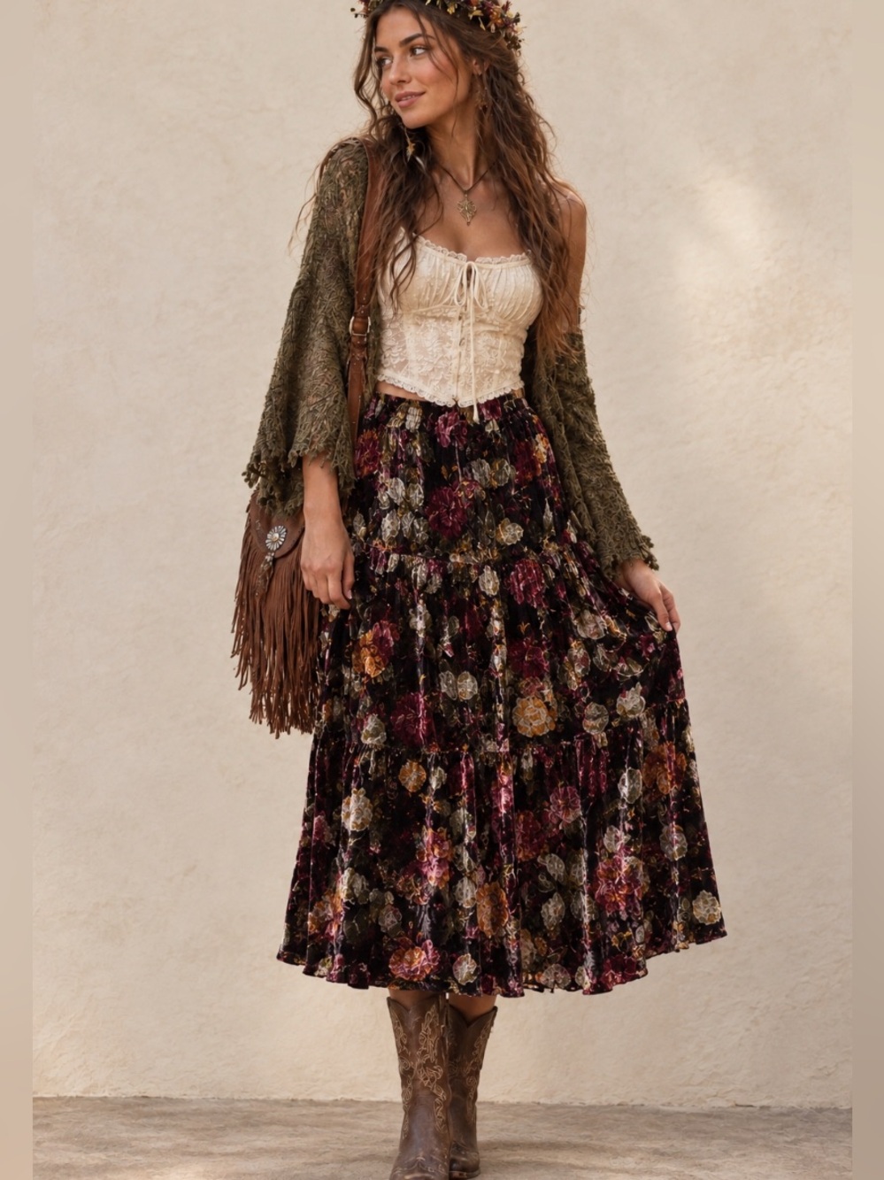 Nostalgia Floral Velvet Tiered Midi Skirt black and Burgundy dark romantic S/XL